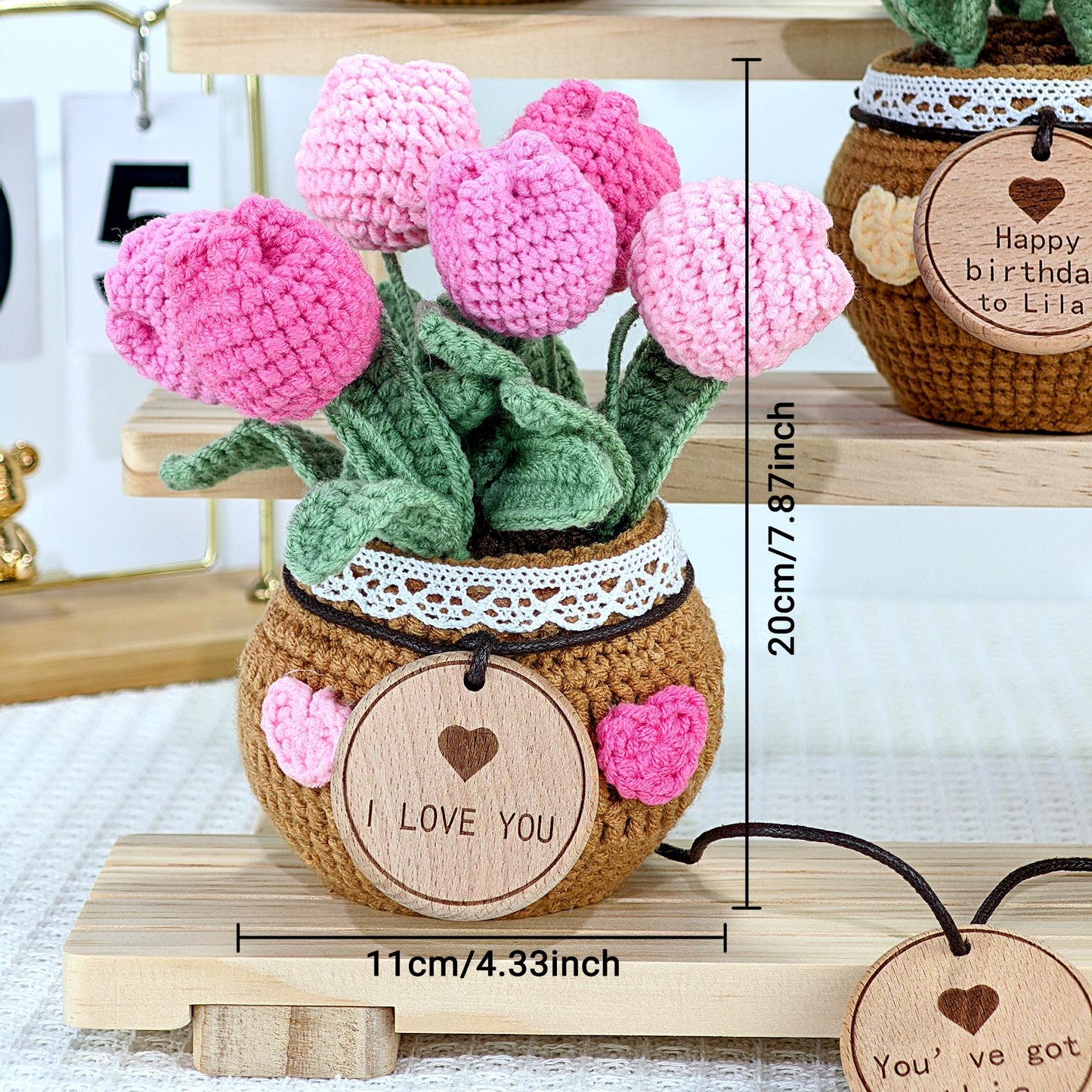 Handmade Crochet Tulip Flower Pot: Custom Tag, Forever Bloom