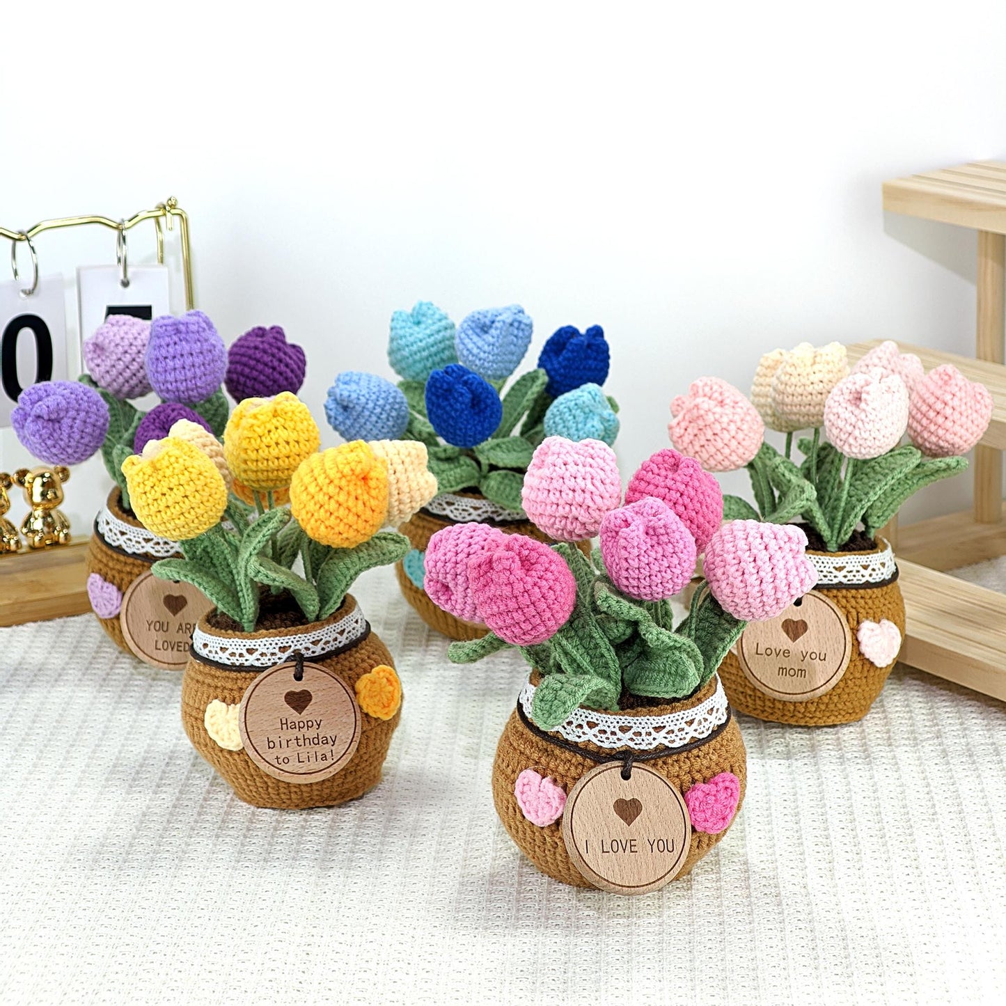 Handmade Crochet Tulip Flower Pot: Custom Tag, Forever Bloom