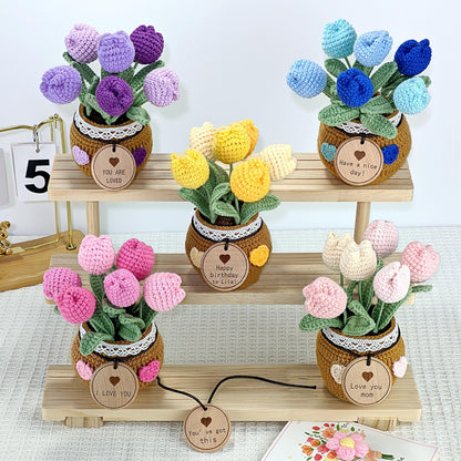 Handmade Crochet Tulip Flower Pot: Custom Tag, Forever Bloom