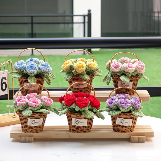 Handmade Crocheted Cotton Rose Basket, Home Decor Flowers