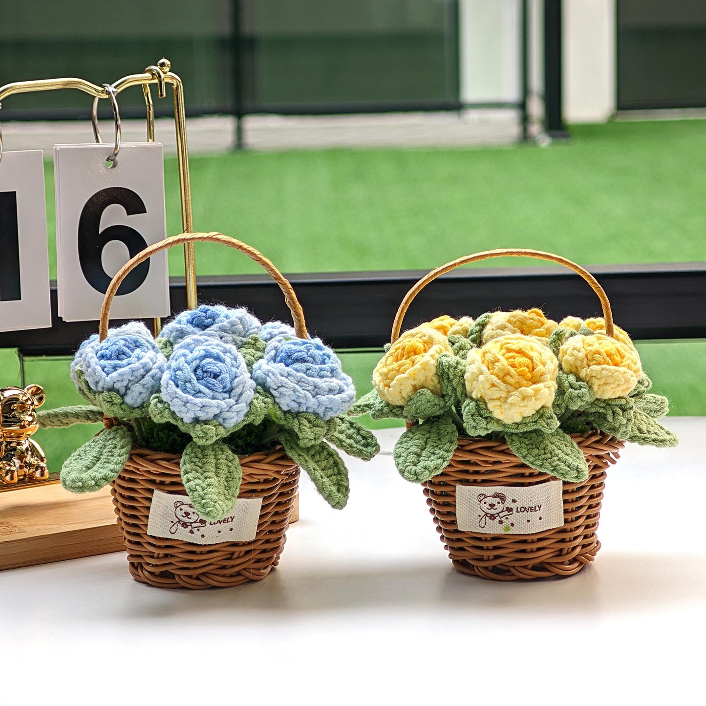 Handmade Crocheted Cotton Rose Basket, Home Decor Flowers