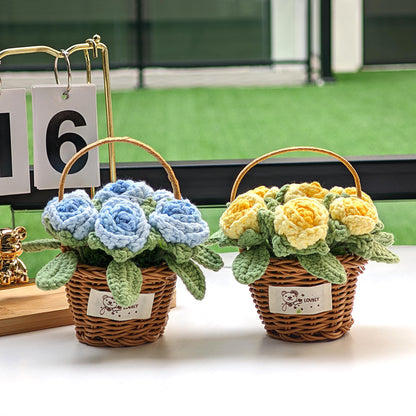 Handmade Crocheted Cotton Rose Basket, Home Decor Flowers