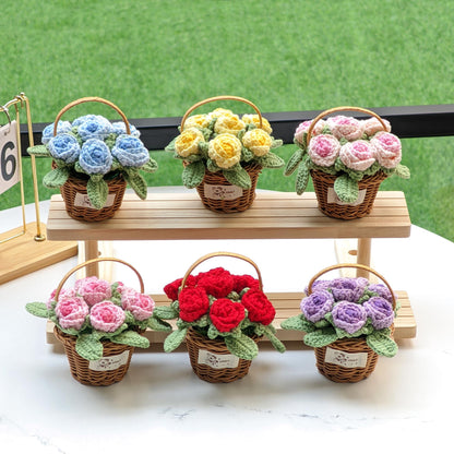 Handmade Crocheted Cotton Rose Basket, Home Decor Flowers