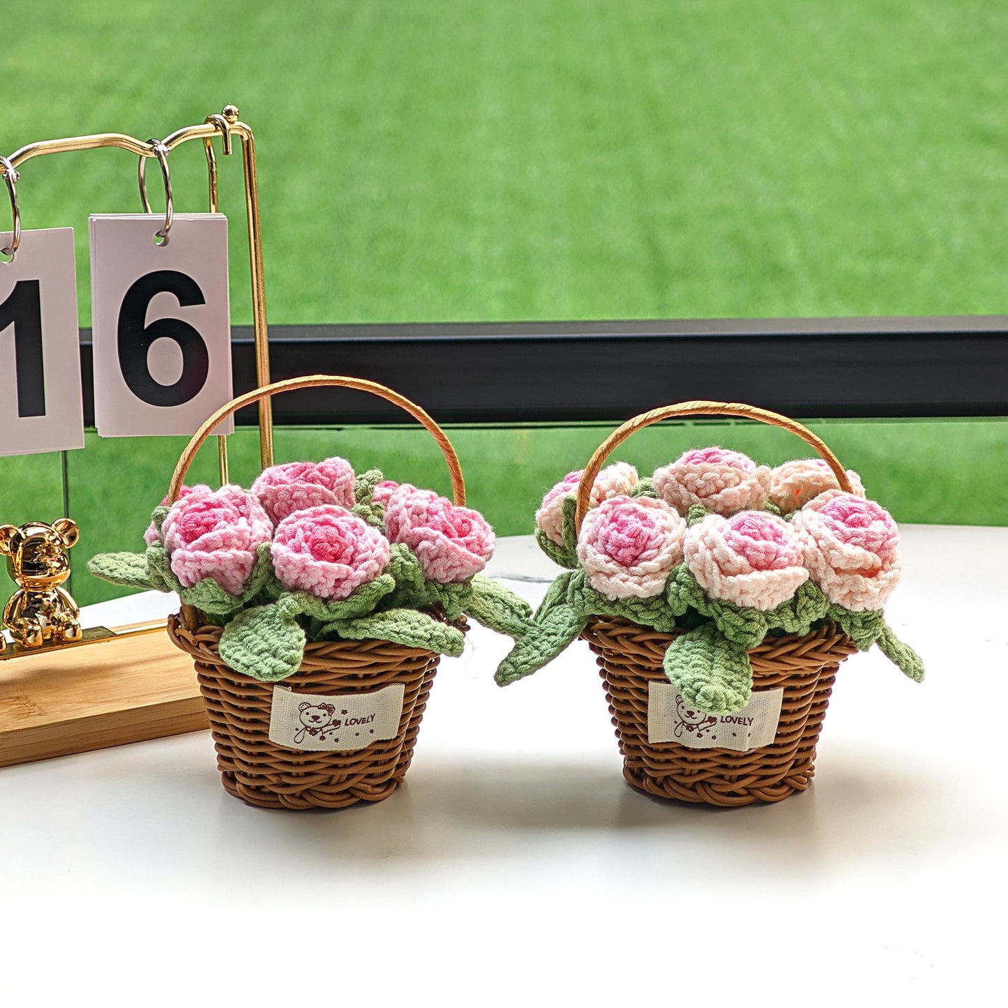 Handmade Crocheted Cotton Rose Basket, Home Decor Flowers