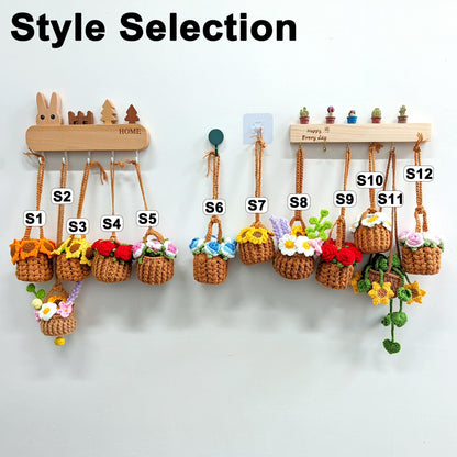 Crochet Car Hanging Plant, Handmade Crochet Flower Pot, Cute Car Pendant, Gift for Mom Her, Crochet Rose Potted Plant