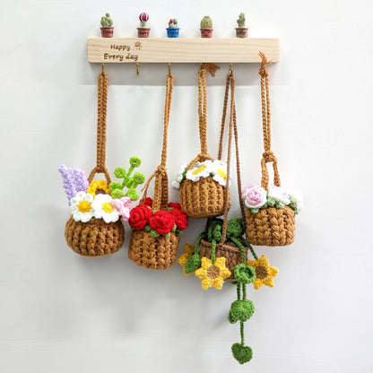 Crochet Car Hanging Plant, Handmade Crochet Flower Pot, Cute Car Pendant, Gift for Mom Her, Crochet Rose Potted Plant