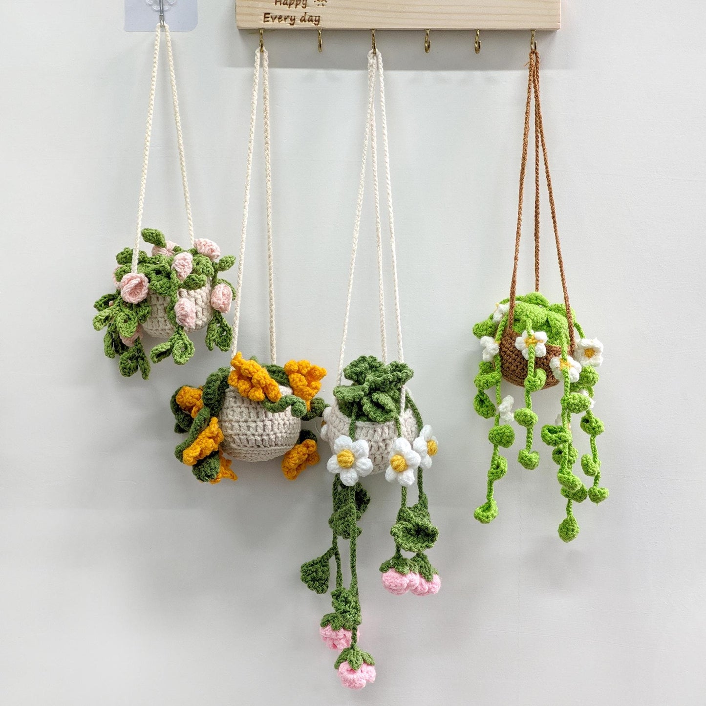 Crochet flowers, Handmade Car Pendant, Crochet hanging pots, Rearview Mirror Decor, Crochet car plant, Gift for Mom, Plant lover gift