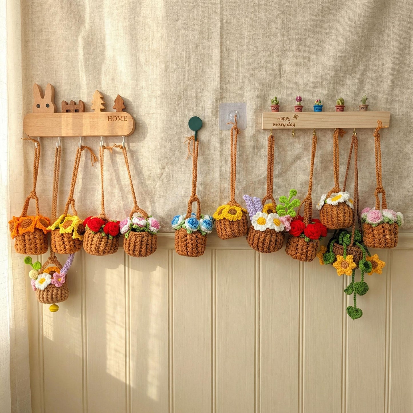 Crochet Car Hanging Plant, Handmade Crochet Flower Pot, Cute Car Pendant, Gift for Mom Her, Crochet Rose Potted Plant