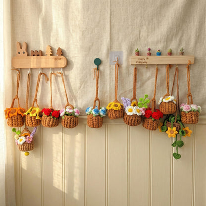 Crochet Car Hanging Plant, Handmade Crochet Flower Pot, Cute Car Pendant, Gift for Mom Her, Crochet Rose Potted Plant