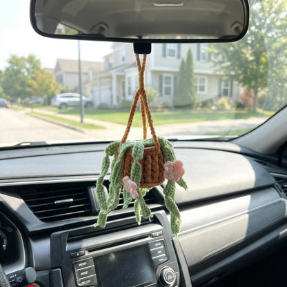 Crochet Plant Car Hanging, Cute Crochet Flower Pot, Car Rearview Mirror Decor, Handmade Hanging Plant, Car Accessory, Gift for Her