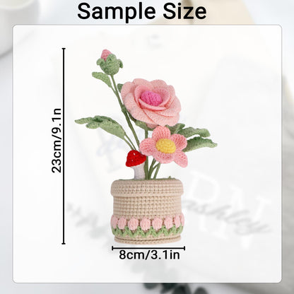 Crochet Flower Pot, Handmade Knitted Floral Arrangement, Crochet Rose Plant Decor, Gift for Mom Grandma Wife Daughter Friend
