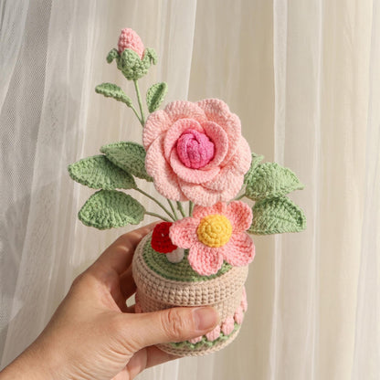 Crochet Flower Pot, Handmade Knitted Floral Arrangement, Crochet Rose Plant Decor, Gift for Mom Grandma Wife Daughter Friend
