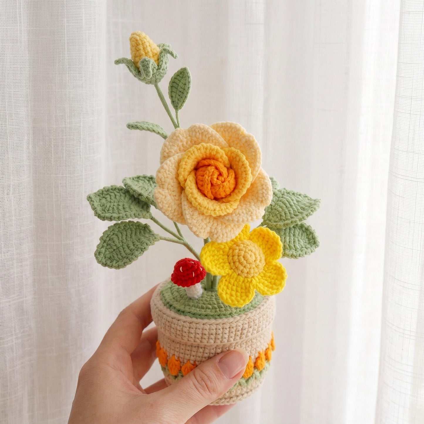 Crochet Flower Pot, Handmade Knitted Floral Arrangement, Crochet Rose Plant Decor, Gift for Mom Grandma Wife Daughter Friend