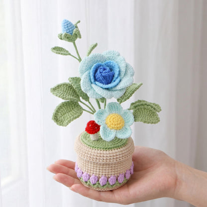 Crochet Flower Pot, Handmade Knitted Floral Arrangement, Crochet Rose Plant Decor, Gift for Mom Grandma Wife Daughter Friend