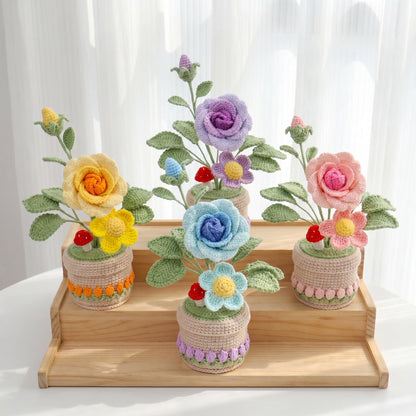 Crochet Flower Pot, Handmade Knitted Floral Arrangement, Crochet Rose Plant Decor, Gift for Mom Grandma Wife Daughter Friend