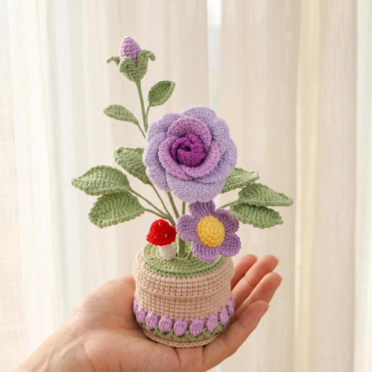 Crochet Flower Pot, Handmade Knitted Floral Arrangement, Crochet Rose Plant Decor, Gift for Mom Grandma Wife Daughter Friend
