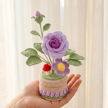 Crochet Flower Pot, Handmade Knitted Floral Arrangement, Crochet Rose Plant Decor, Gift for Mom Grandma Wife Daughter Friend