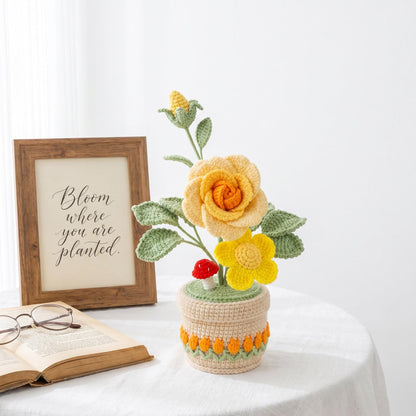 Crochet Potted Flower, Handmade Yarn Flower Arrangement, Home Office Desk Decoration, Birthday Gift for Women Mom Grandma