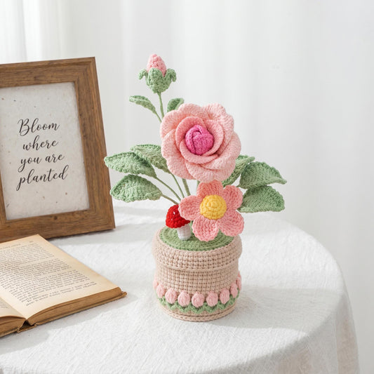Crochet Potted Flower, Handmade Yarn Flower Arrangement, Home Office Desk Decoration, Birthday Gift for Women Mom Grandma