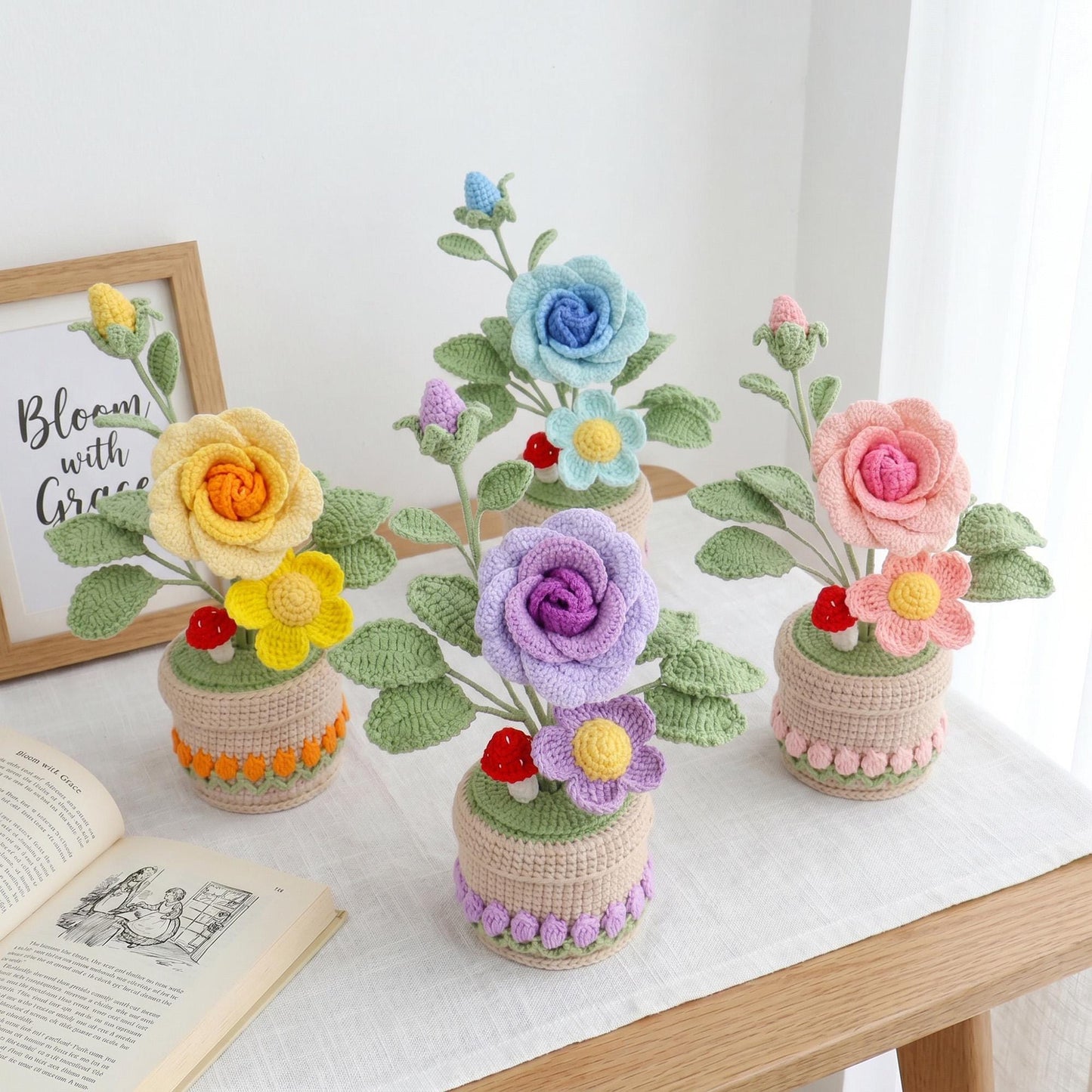 Crochet Potted Flower, Handmade Yarn Flower Arrangement, Home Office Desk Decoration, Birthday Gift for Women Mom Grandma