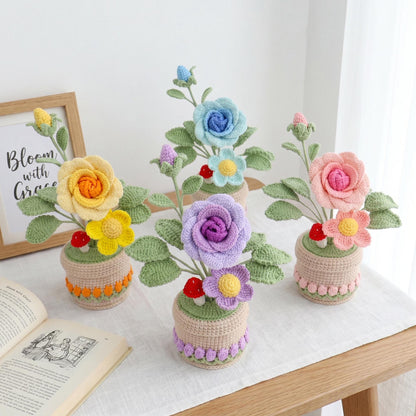 Crochet Potted Flower, Handmade Yarn Flower Arrangement, Home Office Desk Decoration, Birthday Gift for Women Mom Grandma