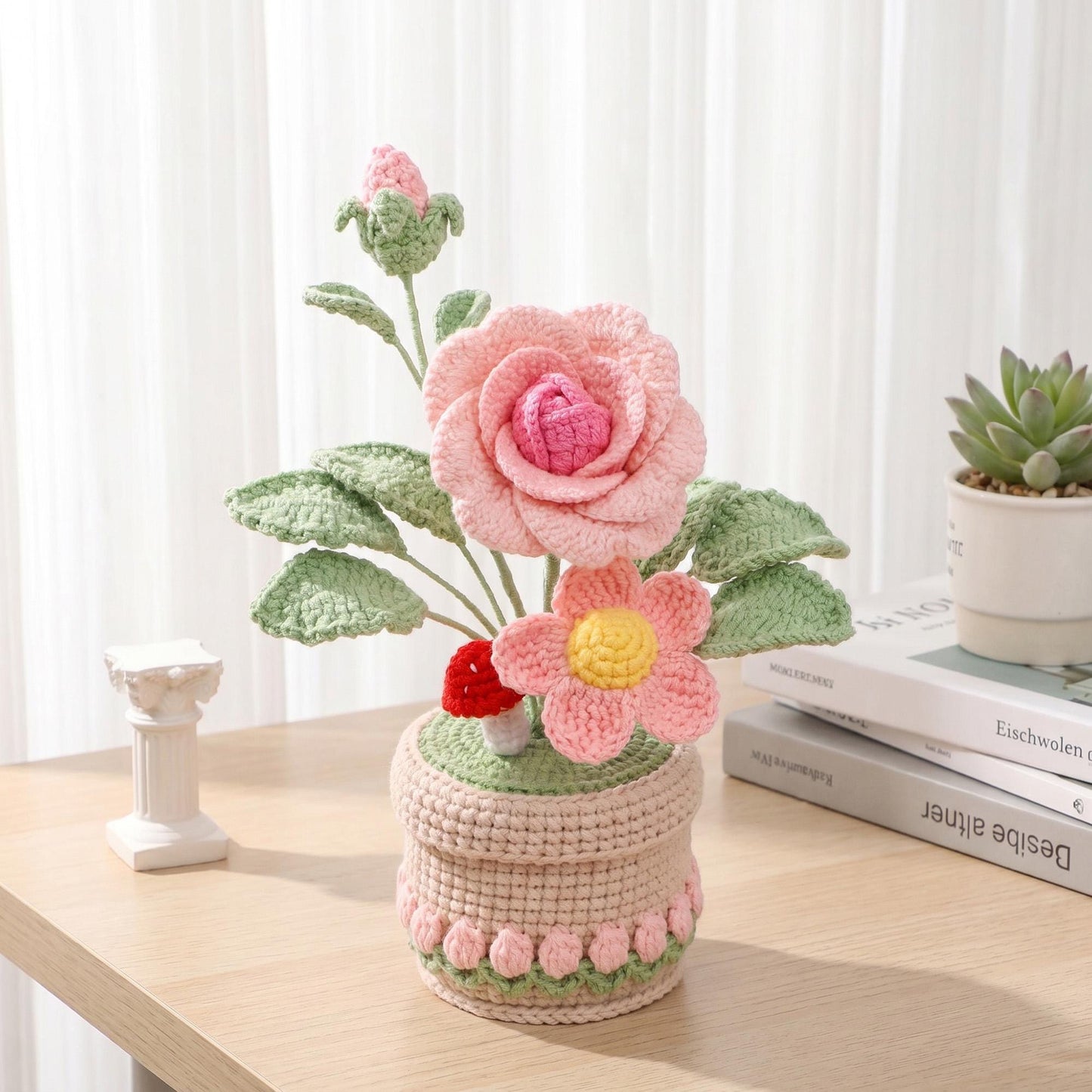 Crochet Flower, Handmade Knitted Potted Plant, Mother’s Day Gift for Mom Grandma, Cute Home Decor Gift, Desk Decor
