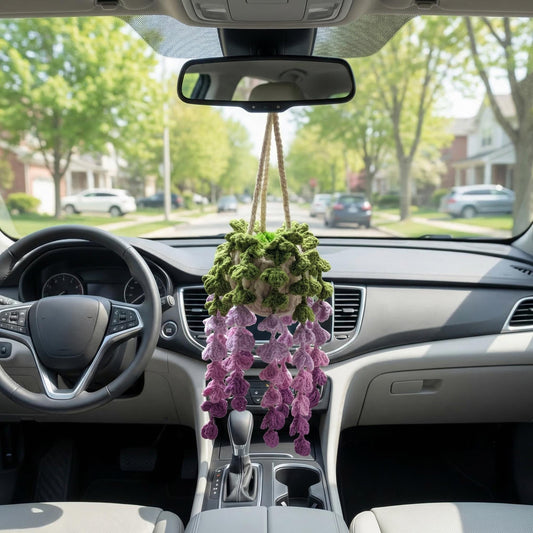 Crochet Plant, Crochet Wisteria Car Hanging, Car Rearview Mirror Plant Charm, Handmade Flower in Pot, Cute Car Decor, Gift for Her